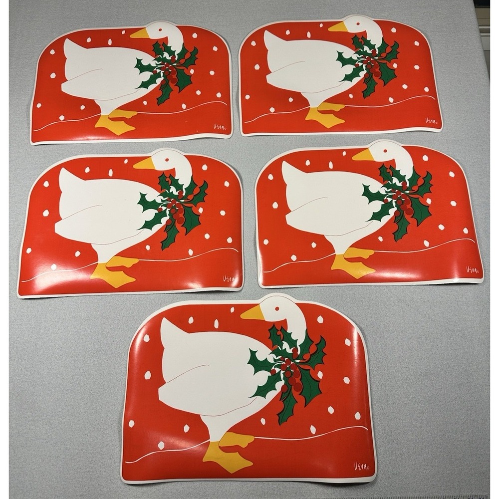 VTG Vinyl Christmas Placemats Duck Goose Holly Set of 5 Vera Neumann 80s 90s